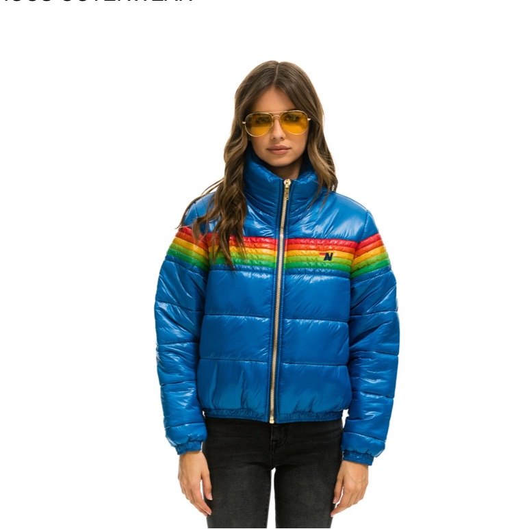 6 Stripe Luxe Apres Puffer Jacket - Glossy Snorkel Blue Xs